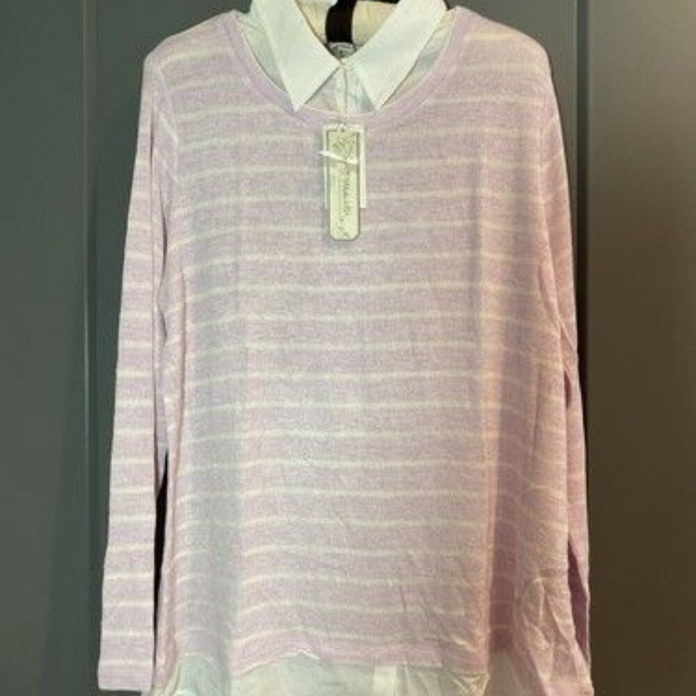 Khakis and co lavender white stripe top Womens size Large